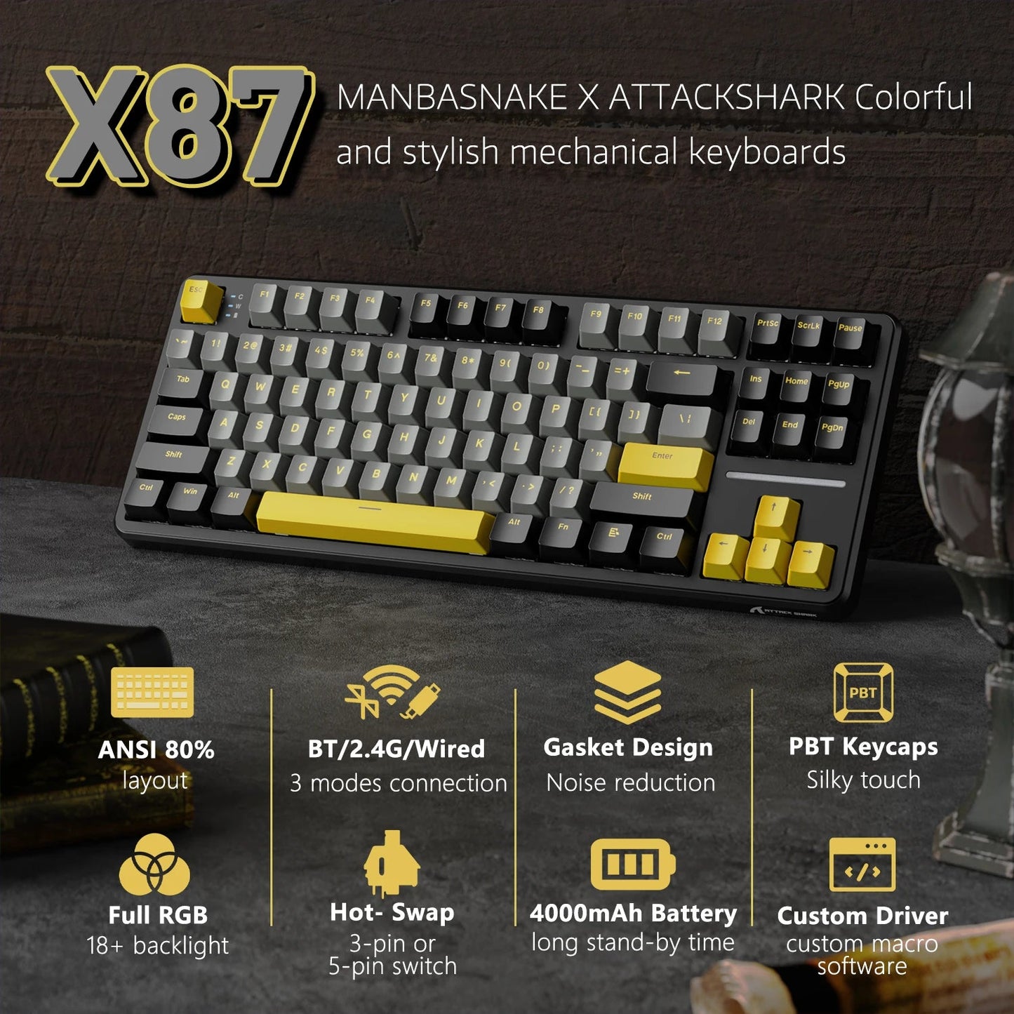 ATTACK SHARK X87 Wireless Mechanical Gaming Keyboard, Tri - Mode BT5.0/2.4GHz/USB - C Gasket Hot Swappable Custom Keyboard, Pre - lube - Nexa Supply
