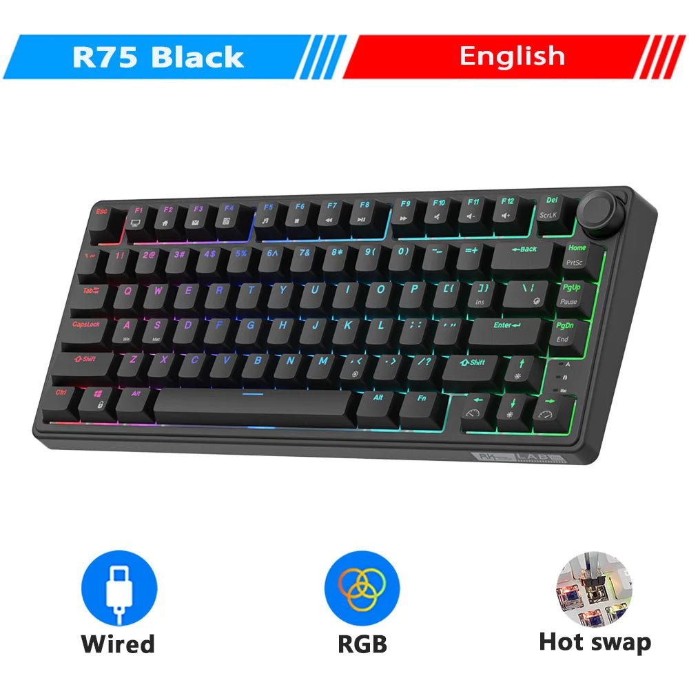 RK Royal Kludge R75 Black Wired Gamer Keyboard Gasket Structure RGB Hot - Swappable 80% Layout Mechanical Keyboard with PBT keycap - Nexa Supply